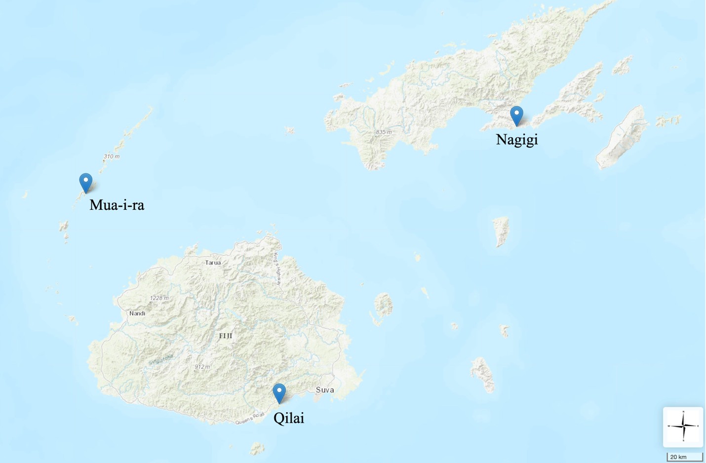 Figure 1 Map of Fiji indicating study sites of Nagigi, Qilai, and Mua-i-ra in 2024.